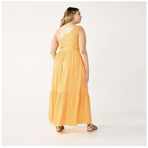 Nine West Women Dress One-Shoulder Smocked Maxi Dress Yellow Size 2X Retail $70 - Picture 2 of 5